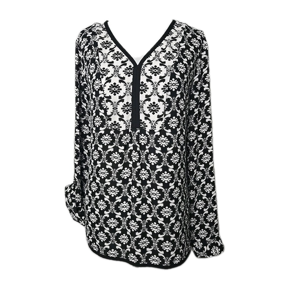 The Limited Black White Floral Chiffon Tab-Sleeve Blouse Top Large L